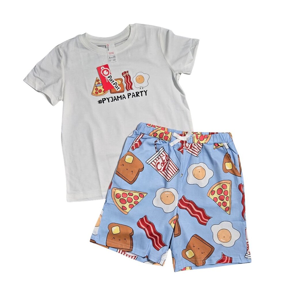 NWT | PatPat "Pyjama Party" 2-Piece Food Graphic Pajama Set | Blue & White | 8-9